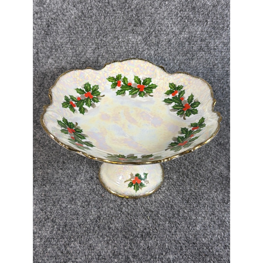 Vintage 1950s Ucagco Holly Berries Christmas Compote Pedestal Dish Lustreware